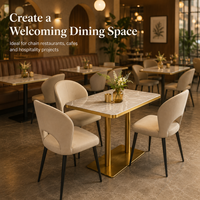 Ensemble de salle à manger de luxe en pierre frittée pour hôtel et restaurant - Base en métal doré, chaises ergonomiques, qualité commerciale
