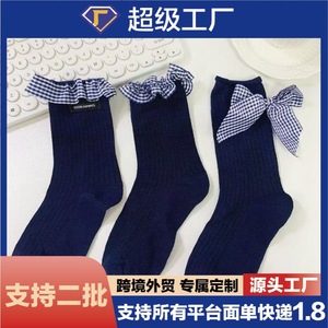 Navy Blue Knee <b>Socks</b> With Plaid Bow Women's Breathable Sweat Absorbing Summer <b>Sock</b> Youth Size - Product Image 5