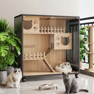 Moderne <span class=keywords><strong>extra</strong></span> grote luxe houten kattenhuis buitenverblijf voor huisdieren met ruimte voor een kattenkooi, duurzaam ontwerp, dierenprint - Product Image 2
