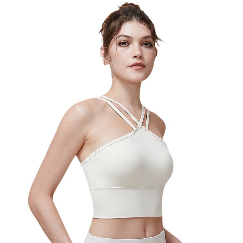Aoyema Summer Hot Sale Womens Sexy Double V Short Sling Sports Fitness Clothes Cross Strap High Elastic Girls Underwear Yoga Bra