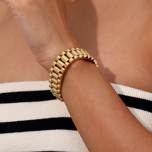 New Designs Waterproof <b>Chain</b> Link <b>Bracelet</b> Solid Geometric Hip Hop Style 18K Gold Plated Stainless Steel Bangles Tarnish Free - Product Image 4