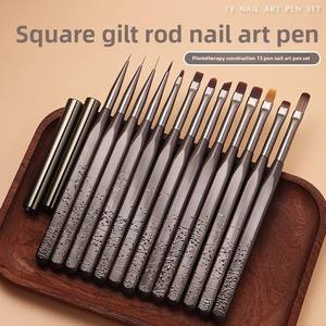 Ensemble de 13 pinceaux à ongles japonais plaqués or avec manche en bois, logo personnalisé, outils en nylon pour motifs floraux et lignes - Product Image 4