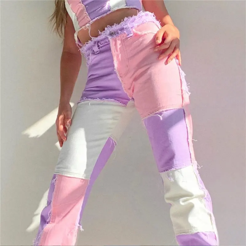 Patchwork Contrast Color Hip Hop Trousers Women High Waist Street Wear Tassel Jeans Casual Denim Pants