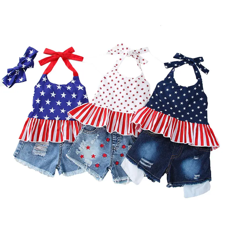 Sevimli 4 temmuz bayrağı üst kızlar denim şort iki parçalı bebek kız kıyafet setleri vatansever tatil çocuklar giyim setleri