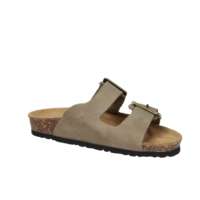 Sandales plates Valleverde à bout ouvert en cuir véritable taupe avec boucle, chaussures confortables à enfiler pour femmes