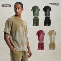 Ensemble streetwear unisexe 325G en maille gaufrée épaisse, teint par pulvérisation, style vintage, avec T-shirt et short surdimensionnés à bords effilochés et effet délavé