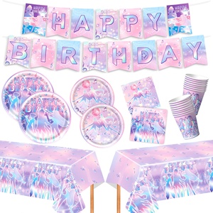 Vaisselle de fête d'anniversaire sur le thème de la chasse aux sorcières rose, avec découpe sur les bords, assiettes en papier, gobelets en papier, serviettes en papier, nappe, bannière - Product Image 1