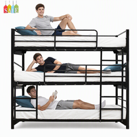 Lit superposé triple moderne en métal avec 2 échelles et barrière de sécurité, noir, pour hôtel et appartement