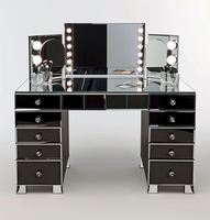 Coiffeuse de chambre moderne en bois massif noir antique avec miroir éclairé réglable et tiroirs – Meuble de maquillage