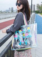 Sac de plage et de natation en PU Laser Jelly, grande capacité, étanche, transparent, portable, avec deux poignées, sac à bandoulière, motif lettres, ouverture supérieure