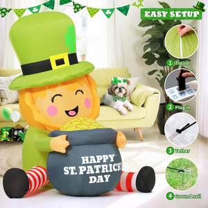Leprechaun gonflable géant de 5 pieds pour la Saint-<span class=keywords><strong>Patrick</strong></span> avec pot de pièces d'or et lumières LED intégrées, en polyester 190T, décoration extérieure - Product Image 5