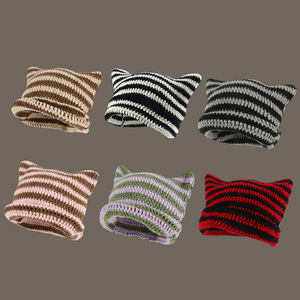 Nueva moda diseño a rayas sombrero de punto mujeres niñas Otoño Invierno lindo gato orejas Beanie sombreros personalizado hecho a mano Beanie con orejas - Product Image 1