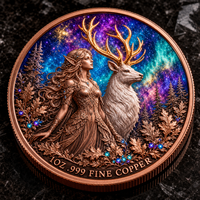 Pièce commémorative en cuivre fin 99,9 % de 1 once, avec relief 3D, représentant un elfe et un cerf blanc, motif ciel galactique, bois de cerf doré et forêt de pin, pièce souvenir, cadeau de présentation