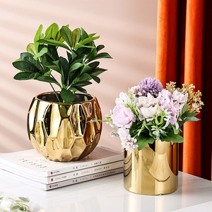 <span class=keywords><strong>Maceta</strong></span> de cerámica de oro galvanizado para <span class=keywords><strong>mujer</strong></span>, jarrón redondo pequeño, decoración de arreglo de flores, accesorios de tiro para regalo - Product Image 3