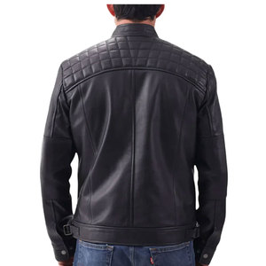 Veste de moto en cuir véritable pour homme de qualité supérieure, coupe slim, logo sur le devant, noir uni, style motard, coupe classique, à porter en automne - Product Image 5