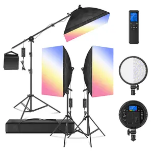 Hafoko ชุดไฟ softbox 3จุดไฟ LED RGB พร้อมแขนและเคส