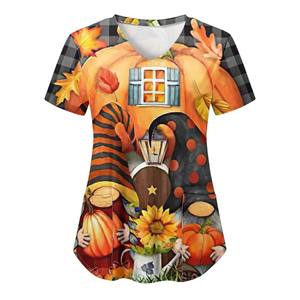 T-shirt à manches courtes et col en V pour femme, imprimé 3D, gnome d'automne avec citrouilles et tournesols, design de poche, coupe régulière - Product Image 2