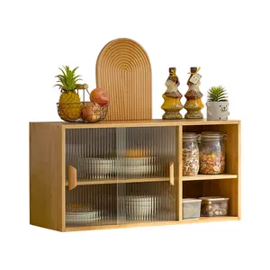 Mueble de bambú para pared colgante, armario de almacenamiento de estilo nórdico, armario lateral de cristal para pared de cocina