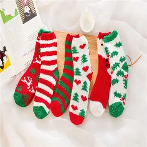 Custom logo Christmas Women Coral Fleece Velvet Fuzzy stripe Christmas Socks Women Winter Cozy indoor Socks