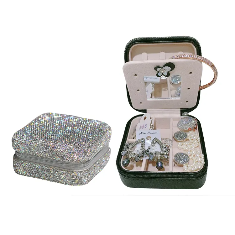 مخصص شعار الماس كريستال مجوهرات المنظم مع مرآة المحمولة السفر مجوهرات المنظم صندوق تخزين للنساء