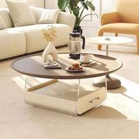 Mesa de Centro Redonda de Acrílico con Cajón, Estilo Moderno y Minimalista, Tapa de Madera Maciza, Cajón de Madera Ecológica E1, Color Blanco Crema, para Sala de Estar