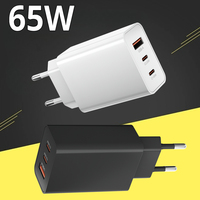 Chargeur 65W 3 ports 2Type-C+USB-A PD QC3.0 Adaptateur de charge rapide Prise EU Chargeur mural portable pour téléphone Ordinateur portable Tablette