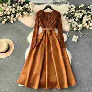 Vestido Maxi Elegante de Otoño para Mujer, Talla Grande, Cuello en V, Manga Larga, Estilo Imperio, con Parches de Encaje, Antiestático y Ecológico - Product Image 1