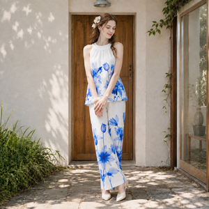 Conjunto <span class=keywords><strong>Blanco</strong></span> Floral para Mujer, Top Halter con Estampado Floral y Pantalones Anchos, Conjunto de Dos Piezas para Verano - Product Image 1
