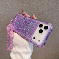 Coque antichoc 3-en-1 en TPU+PC avec paillettes et perles tendance, dragonne, pour iPhone Air 11 12 13 14 15 16 17 Pro Max