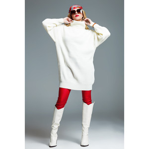 Abito Oversize in Maglia a Coste con Collo Alto in Crema - Product Image 5