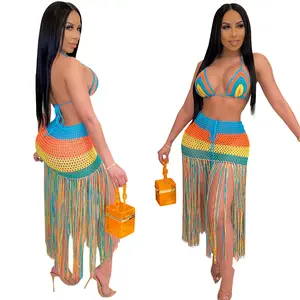 Women Sexy Beach Coverups Summer 2 Piece Outfits Crochet Mesh Fishnet Bikini Top And Maxi Skirt Set Ladies Tassel Bathing Suit