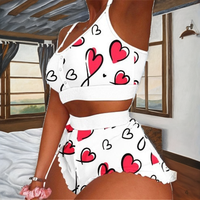 Ensemble 2 pièces pour femme, taille élastique, pyjama d'été, short et débardeur imprimé cœurs, lingerie sexy, nuisette
