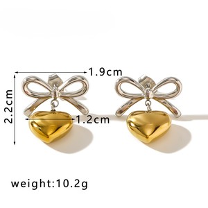 202618K Gold Plated Stainless Steel Bow Shaped Trendy Earrings <b>Light</b> Luxury Heart Pendant for Women's Party Occasions - Product Image 2