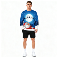 Sweat-shirt à col rond pour homme personnalisé OEM ODM avec impression intégrale de bonhomme de neige et lune pour les fêtes de Noël