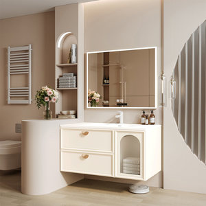 French Cream White <b>Floating</b> Bathroom Vanity Solid Wood Cabinet with Smart LED Mirror Integrated Sink - Product Image 2
