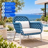 Ensemble de salle à manger d'extérieur 7 pièces, 6 chaises en corde bleue tressée, table rectangulaire pour hôtel, complexe hôtelier, villa, patio