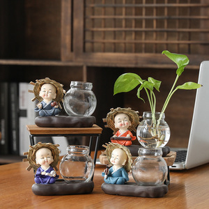 Ensemble de vases en verre en forme de moine, base en céramique hydroponique, décoration zen asiatique, vase de table pour la maison, table à thé, plante Pothos - Product Image 1