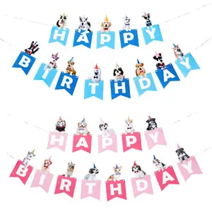 Hot Sell Pet Dog Birthday Party Pull Flag Birthday Party Decoration Props Blue Pink HAPPY BIRTHDAY Banners