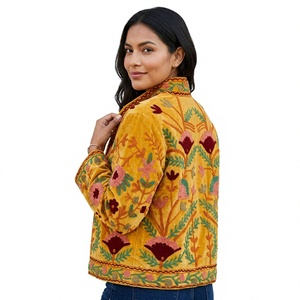 Blazer Reversible de Terciopelo de Algodón con Bordado Floral para Mujer, Cuello Mao, Manga Larga, Diseño Hecho a Mano para Invierno - Product Image 1