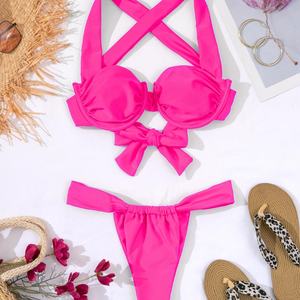 Vêtements de sport pour adolescentes, maillots de bain sexy pour jeunes femmes asiatiques, ensemble 2 pièces en tissu froissé, séchage rapide, soutien-gorge push-up, bas de maillot de bain en V - Product Image 2