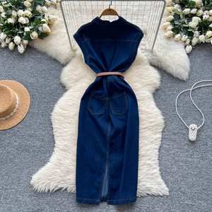 Vestido Midi Tipo Túnica Romana de Verano para Mujer, Sin Mangas, Estilo Imperio, en Mezclilla - Product Image 4