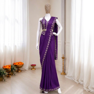 Sari en soie crêpe épaisse violette brodé, ensemble indien pakistanais, robe de soirée de mariage traditionnelle, longueur ras du sol, séchage rapide pour femme - Product Image 1