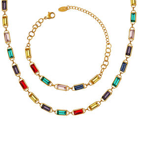 Conjunto de joyas rectangulares de acero inoxidable, collar de retales de diamantes de imitación de piedra natural colorida, vintage - Product Image 3