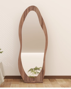 Miroir mural contemporain pleine longueur en bois de noyer foncé, forme irrégulière, haut de gamme, pour chambre et salle de bain - Product Image 5