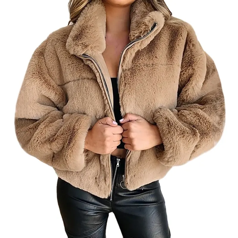 2021 kışlık kıyafet sahte kalın kürk moda fermuarlı kabarcık ceket kuzu yün artı boyutu kadın mont