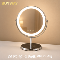 Miroir de maquillage rond argenté avec anneau lumineux intégré et bras en U inclinable, miroir de vanité LED de table avec base en forme de disque effet pierre