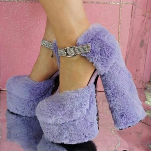 Elegant Square Toe Women Dress Shoes Warm Light Fluffy Fur Sandals Shoes <b>Platform</b> Diamonds Buckle Strap Block Heels 47 - Product Image 3