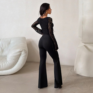 <span class=keywords><strong>Tuta</strong></span> Intera Aderente in <span class=keywords><strong>Pizzo</strong></span> Nero a Maniche Lunghe, Abbigliamento Casual da Strada, Jumpsuit per Donne con Pantaloni a Zampa e Lacci Frontali - Product Image 2