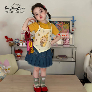 TongXingYuan Girls Summer Two Piece Set Yellow Cartoon Star Print Cotton T Shirt With Denim Skirt For Kids - Product Image 2