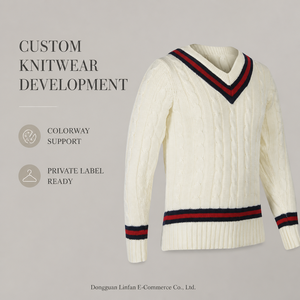 Custom Logo <strong>Women's</strong> Wool Cashmere Blend V Neck Cable Knit Sweater Contrast Stripe Varsity <strong>Cricket</strong> <strong>Jumper</strong> Pullovers - Product Image 1